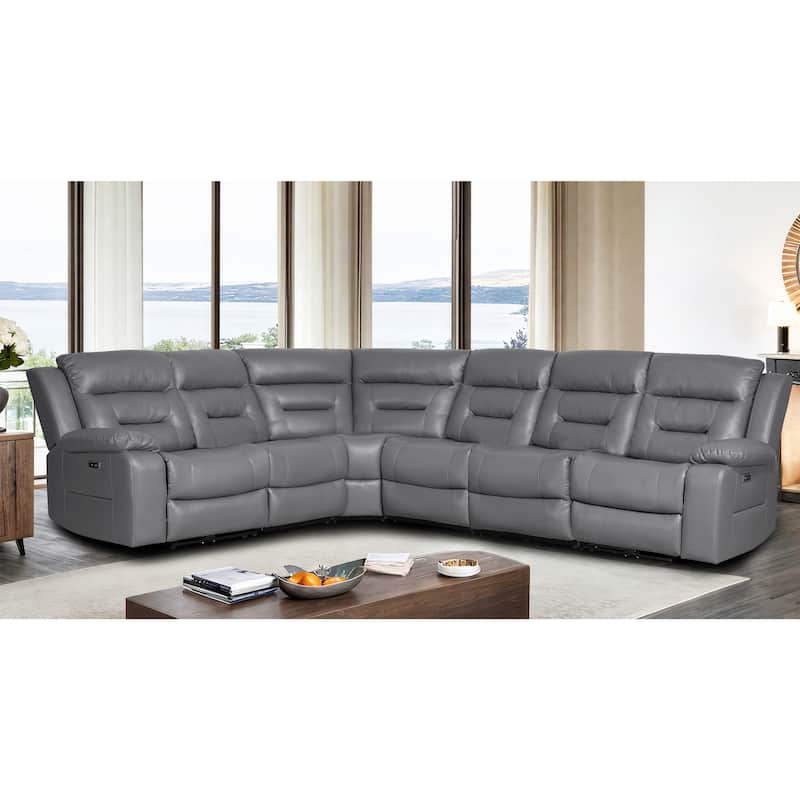 119'' Faux Leather Power Recliner 6-Seat Large Sectional Reclining Sofa with USB Port - Grey (6St)