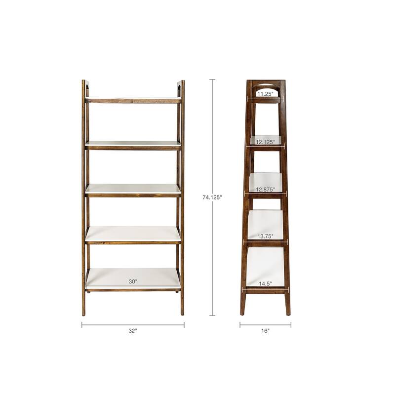 Roomfitters 5 Shelf Bookcase, Tall Narrow Open Shelf with Solid Wood Frame, Mid Century Display Shelf, Off-White - Off-White+Pecan