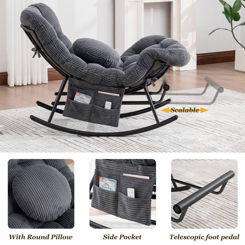 HOMEFUN Corduroy Upholstered Egg Shaped Design Steel Frame Rocking Chair with Side Pocket and Foot Pedal