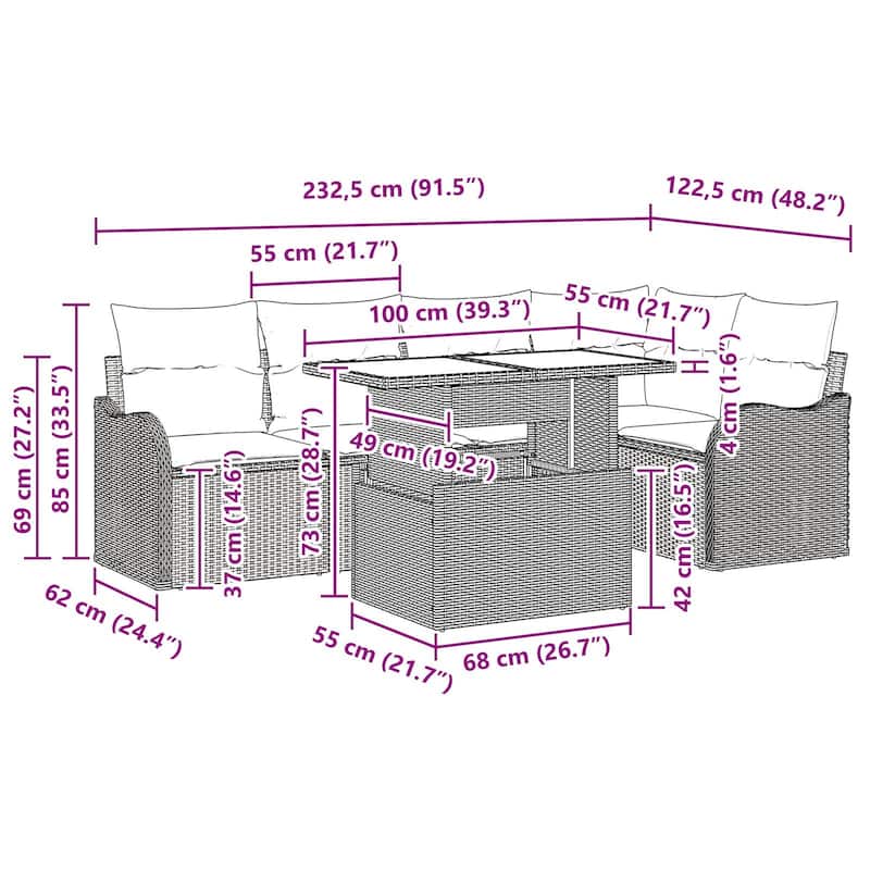 vidaXL 6 Garden Sofa Set with Cushions Black/Brown/Grey Poly Rattan - 91.5 x 48.2 x 27.2