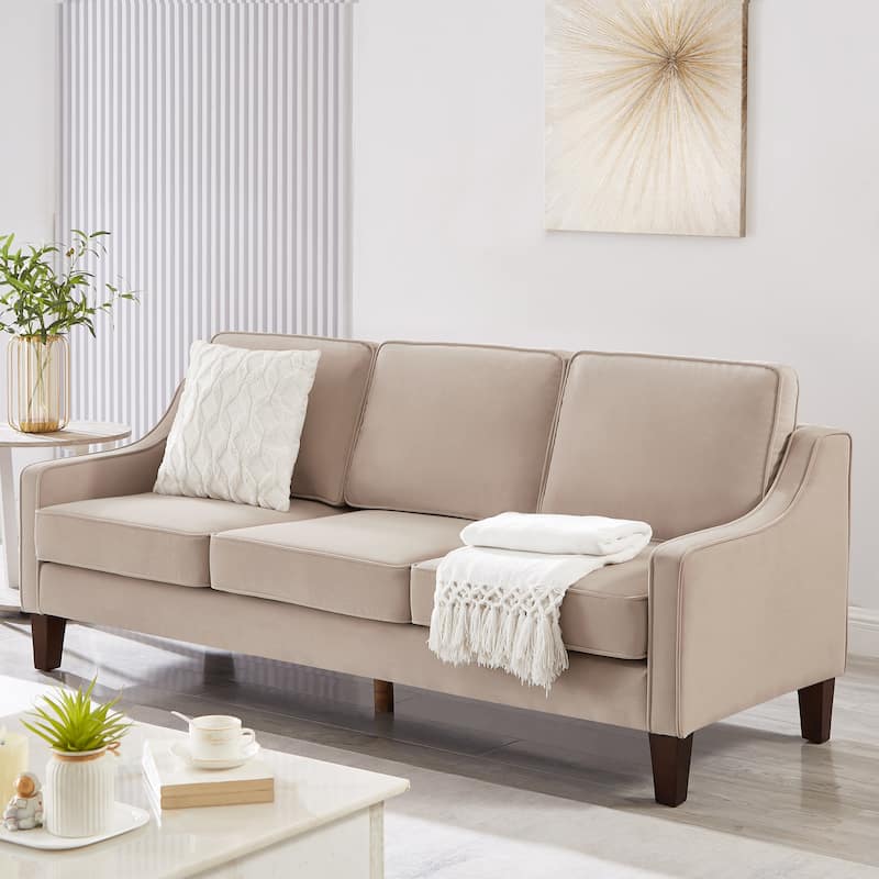 Taupe Modern 74" Velvet 3-seater Upholstered Sofa with Scooped Armrest and Removable Cushions for Living Room