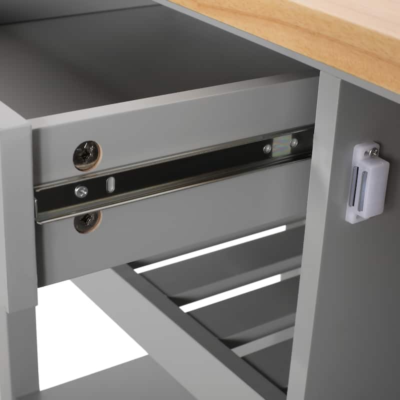 Contemporary Kitchen Cart with Rubberwood Top, Multi-Function Storage Drawer, Open Shelves, Rolling Casters with Locks