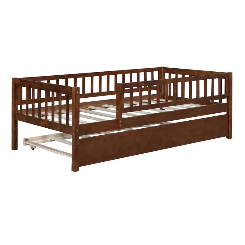 Twin Size Wood Daybed with Trundle and Safety Guardrails, Walnut Finish