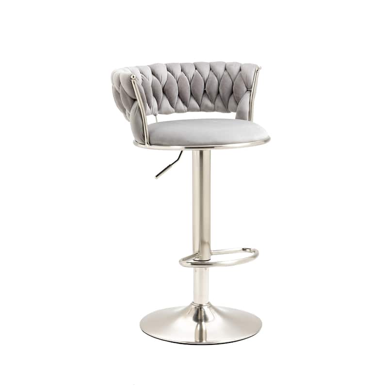 Velvet Swivel Adjustable Height Bar Stools With Sliver Footrest(set of 2)