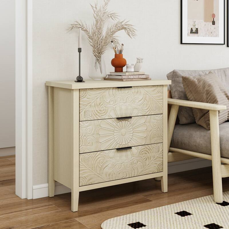 Roomfitters 3 Drawer Dresser Storage Cabinet, Carved Wood Chest of Drawers, Natural