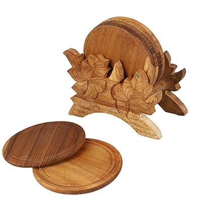 Set of 4 Handcrafted Durable Brown Teak Wood Coasters with Hand Carved