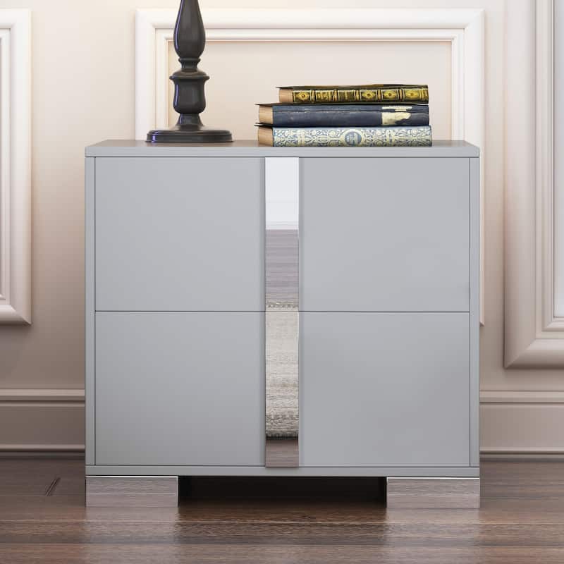 Elegant Mirrored 2-Drawer Nightstand with Metal Feet - Bedside Table for Bedroom/Living Room (Gray)