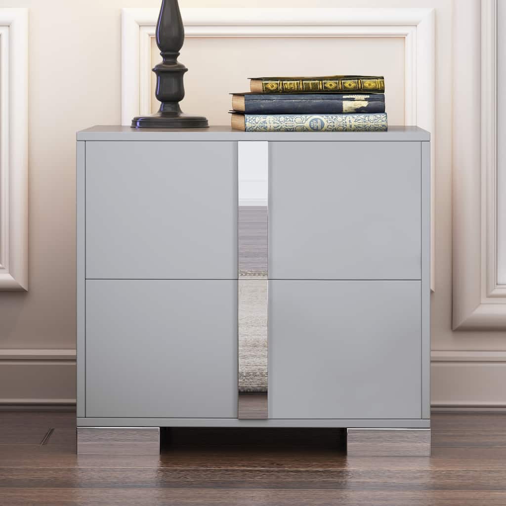 Elegant Mirrored 2-Drawer Nightstand with Metal Feet - Bedside Table for Bedroom/Living Room (Gray)