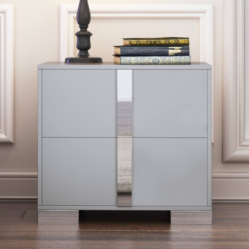 Elegant Nightstand with Metal Foot, Mirrored Bedside Table with 2 Drawers for Bedroom, Living Room - Grey