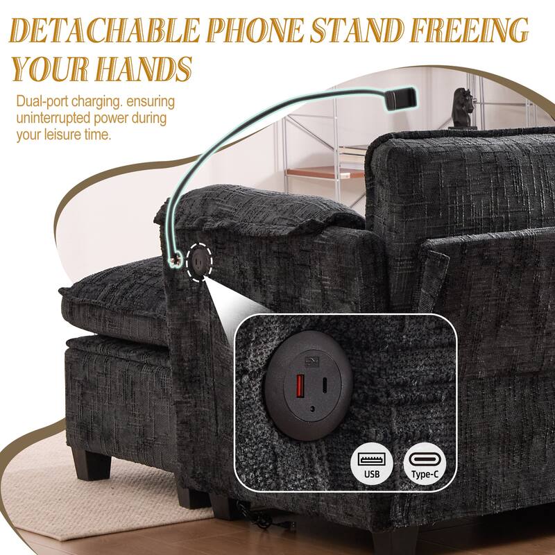 HOMEFUN Chenille Upholstered L-shaped Phone Holder Modular Sectional Sleeper Sofa with Movable Storage Ottoman