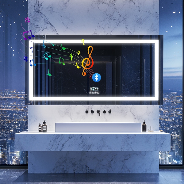 56 x28 Large Bluetooth Lighted Bathroom Mirror LED with Lights Date and Time Bluetooth Music Speaker On Sale Bed Bath Beyond 41435806