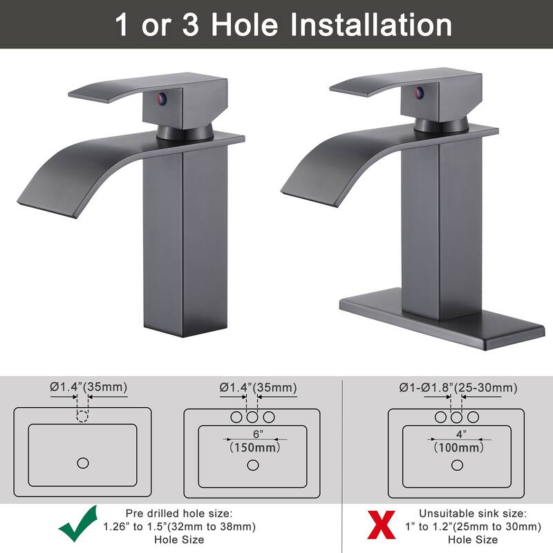 WOWOW Single Handle Waterfall Bathroom Faucet with Pop-Up Drain