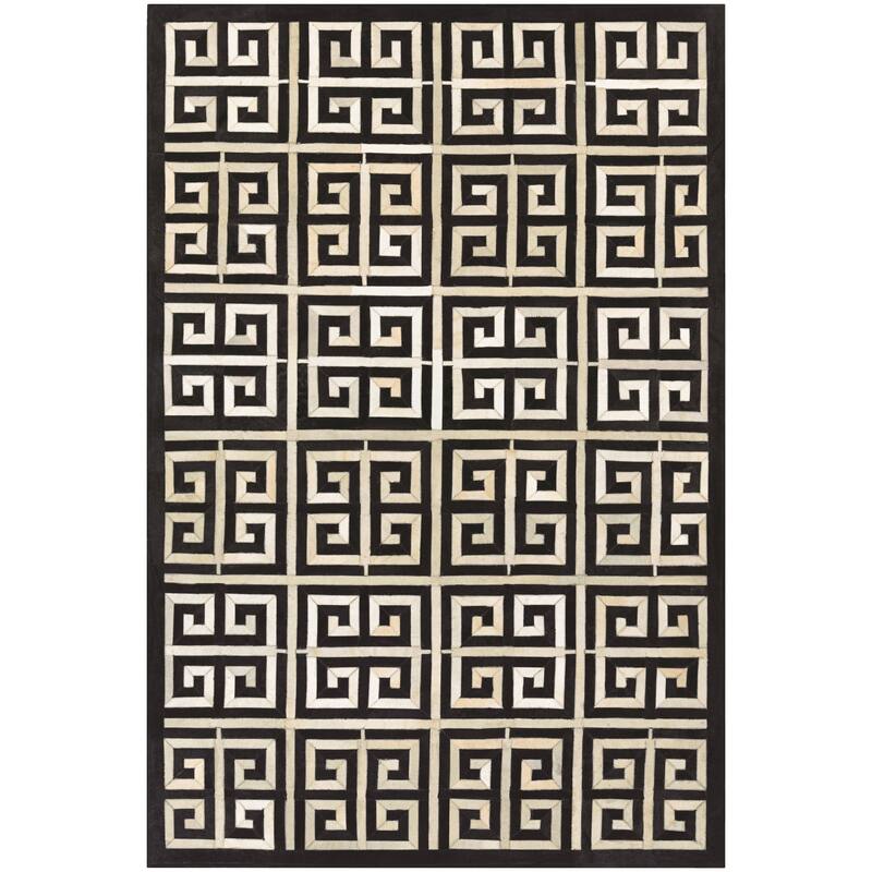 Handmade Couristan Chalet Meander Black- Ivory Cowhide Leather Rug