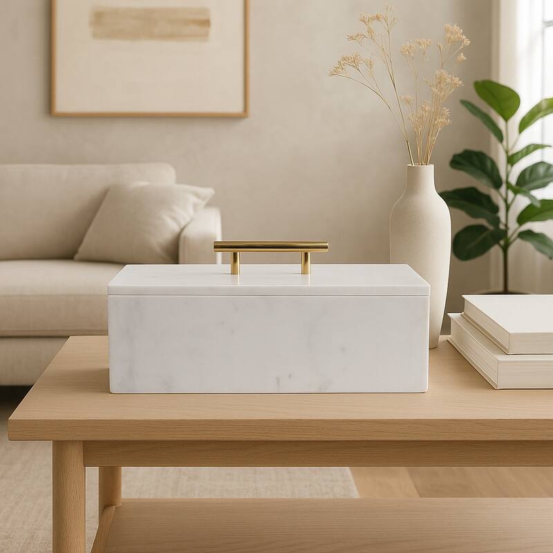 Marble Decorative Box Lidded Container Modern Handle Accent Luxury