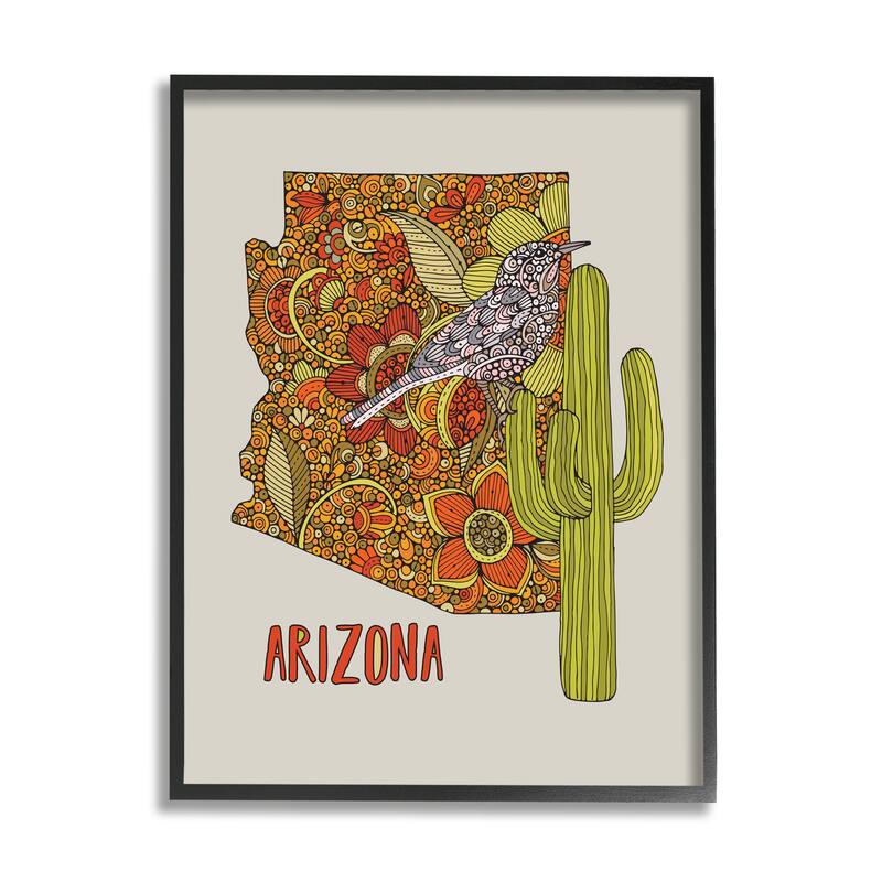 Stupell Arizona State Bird Detailed Cactus Floral Pattern Framed Wall Art, Design by Valentina Harper - 24 x 30 - Black
