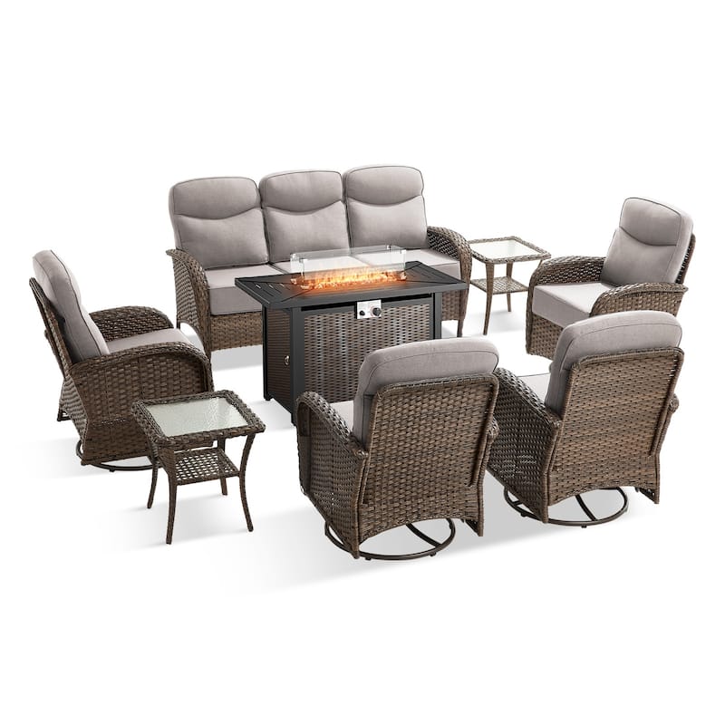 Pocassy Outdoor Sofa Swivel Chair and Ottman with 43in Fire Pit Table