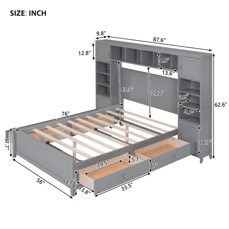 Wooden Bed With All-in-One Cabinet and Shelf
