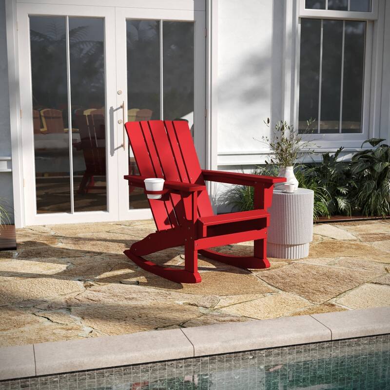 All-Weather Rocking Adirondack Chair with Swiveling Cupholder - Red