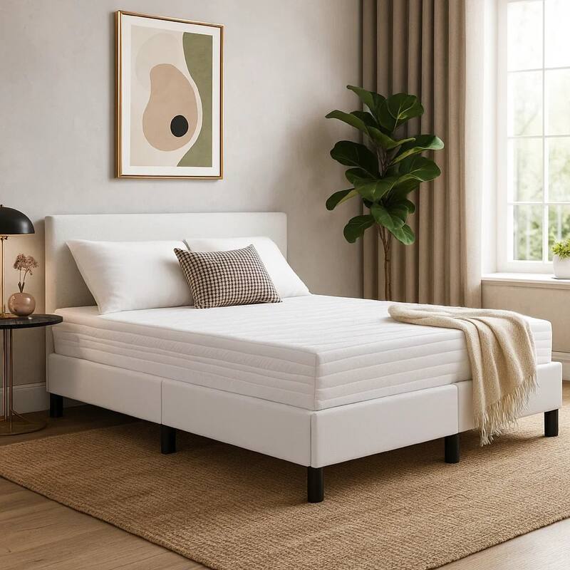 Ceri Full Size Bed Frame, White Faux Leather, Low Profile Legs