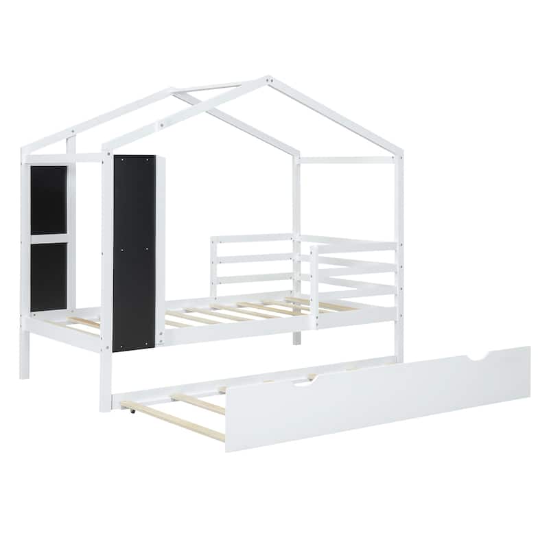 Wood House Bed with Fence and Writing Board