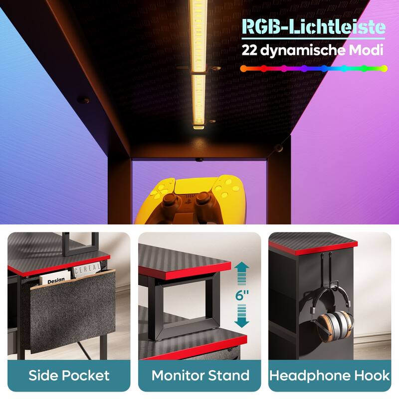 42" Gaming Desk Reversible L Shaped Desk with LED Monitor Stand Storage Shelves and Bag