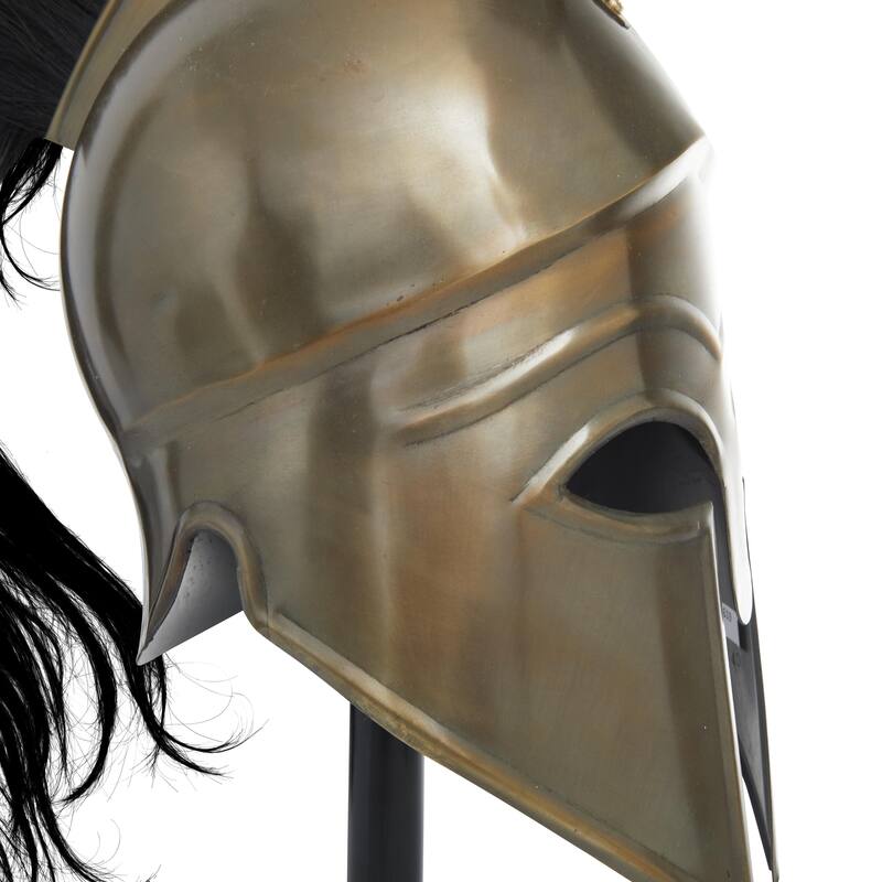 Metal Replica Medieval Greek Spartan Helmet with Brown Wood Stand and Plume - Gold - Roche River Decor