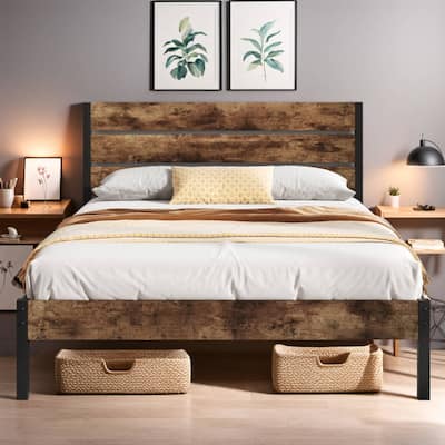 Lifezone Bed Frame with Headboard, Vintage Brown