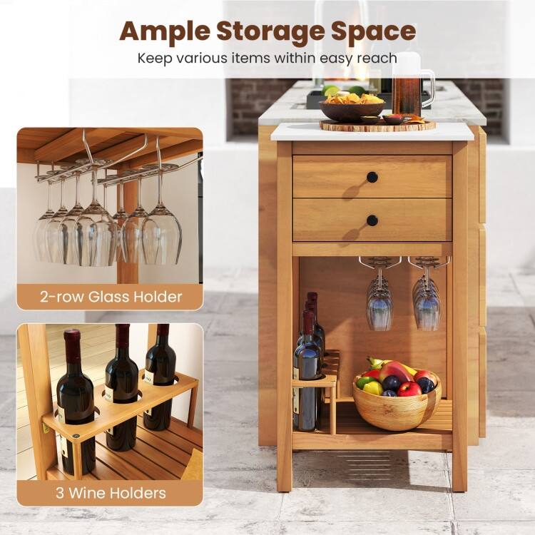 Natural Acacia Wood Resin Outdoor Buffet Cabinet with Faux Marble Top and Storage - 20" x 16" x 36"