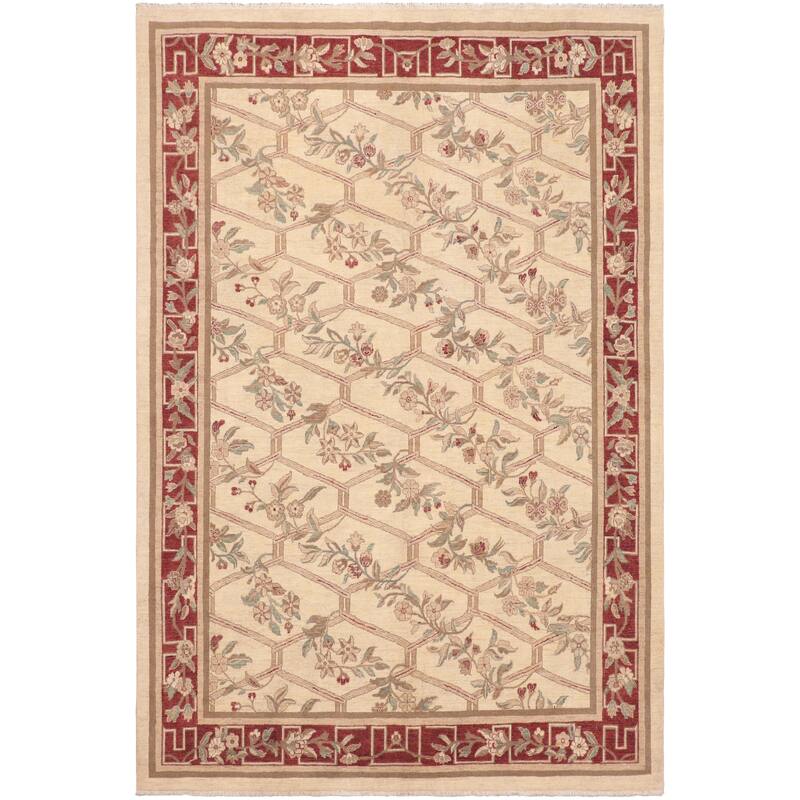 Hexagonal Trellis Floral Hand-Knotted Wool Area Rug - 8'3'' x 9'8''