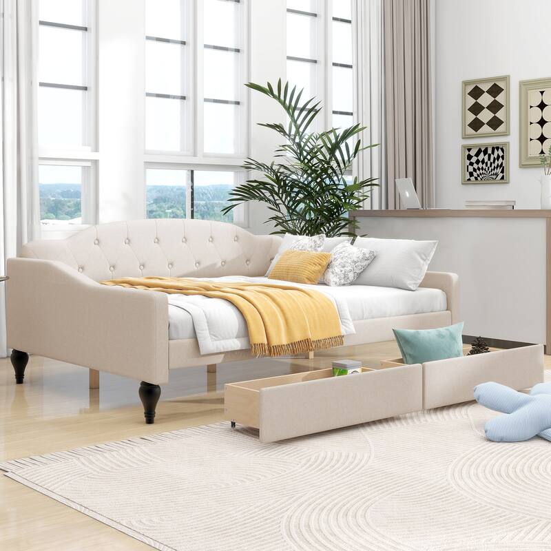 Full Size Upholstered Tufted Daybed with Two Drawers in Beige - Beige