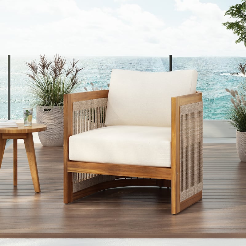 Premium Acacia Wood Outdoor Club Chair, Curved Tub Design with Woven Rope Accents, Water-Resistant Cushions - Beige