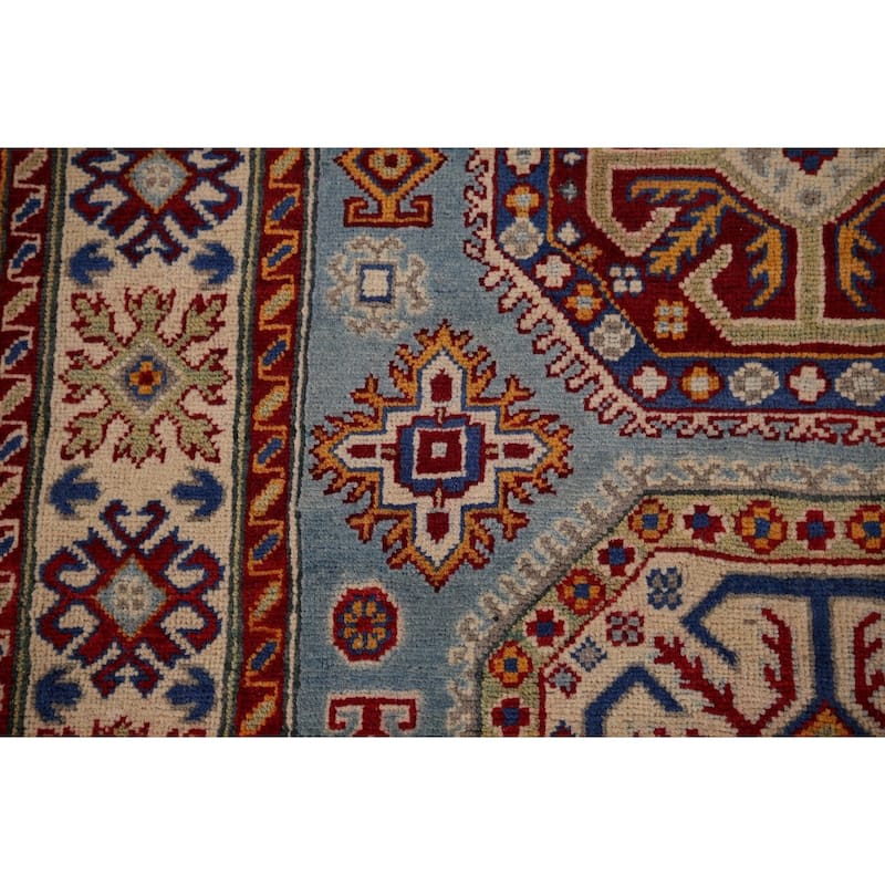 Blue Geometric Kazak Foyer Rug Bedroom Handmade Wool Carpet - 4'1" x 5'10"
