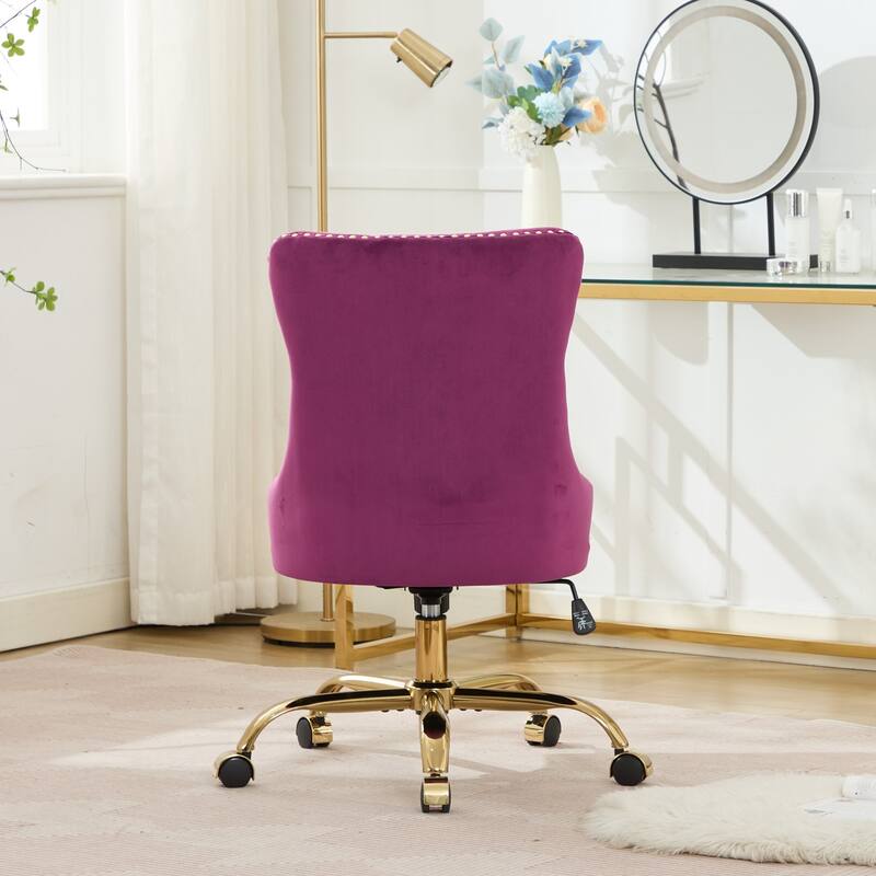 Velvet Swivel Office Chair with Wheels, Tufted Button Home Office Chair, Adjustable Vanity Chair with Metal Base