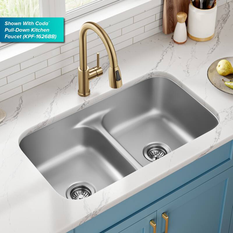 Kraus KBU32-100-75MB Premier 32” Undermount 50/50 Double Bowl with Low - Stainless Steel