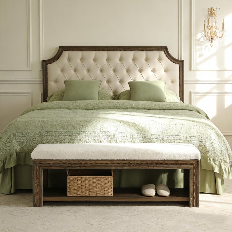 55.12" Wooden Upholstered Bed Bench with Storage, Rustic Wood End Of Bed Bench with Teddy Fleece Cushion for Bedroom