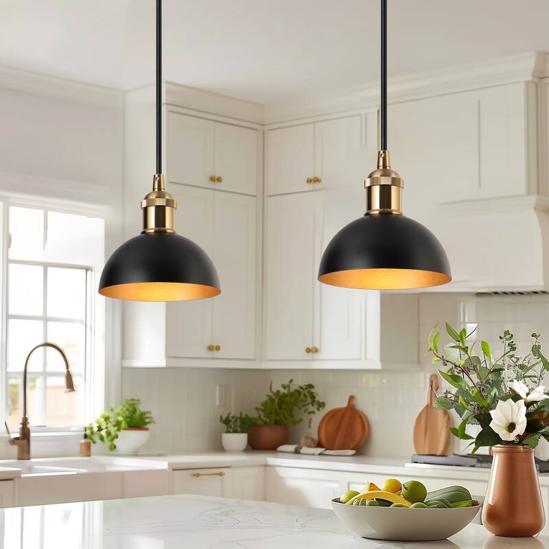 Modern Industrial 1-Light (6 Inch) Dome Black Gold Metal Pendant Light for Kitchen Island - 6" D x 6'' H