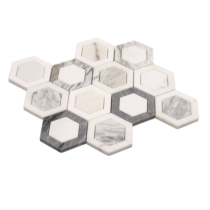 Toscana 10x11 in. Polished Calacatta Bluette, Calacatta, White Hexagon Mosaic Wall and Floor Tile (3.74 sq ft/case, 5-Pack)
