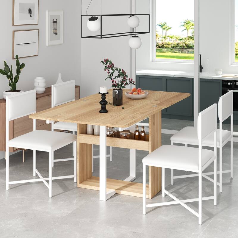 Modern 5-Piece Extendable Dining Table Set, 63" Kitchen Foldable Wooden Table with Lower Storage Shelf and 4 PU Leather Chairs - White