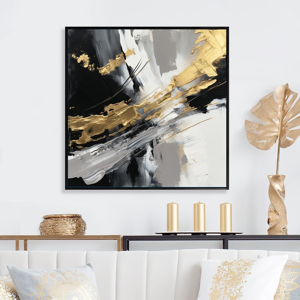 Designart "Golden River Wildness Abstract Gold And Black" Abstract Painting Framed Wall Art Living Room