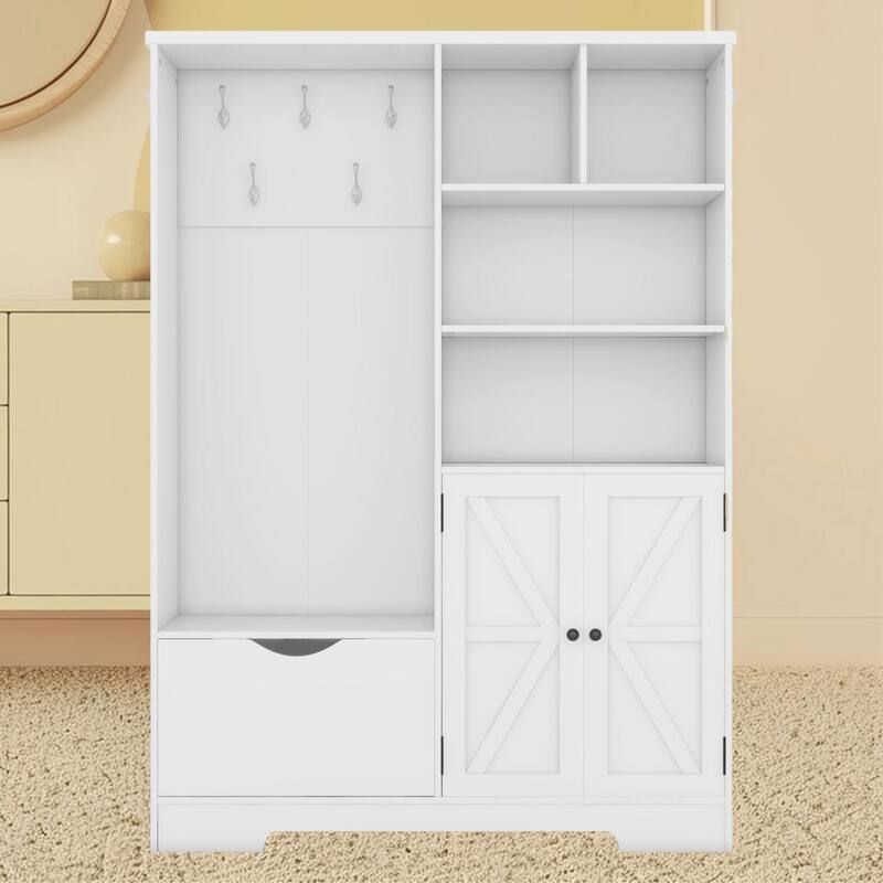 Elegant Hall Tree Hallway Shoe Cabinet with Storage Bench, Shelves, Drawers, and Coat Rack for Entryway, Hallway Organizer - White
