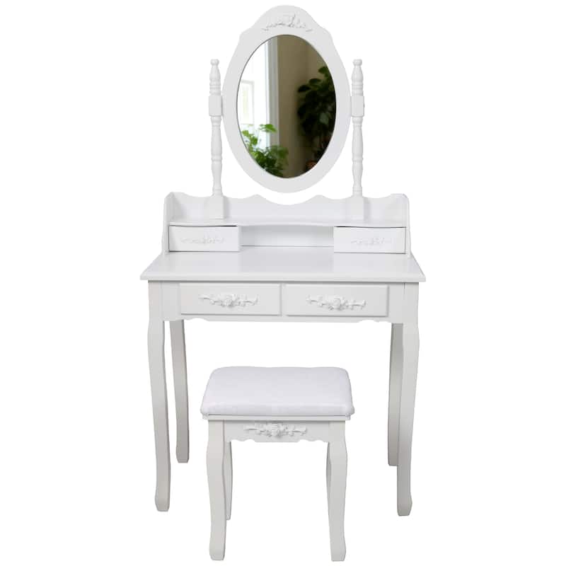White Princess Vanity Set with Mirror & Cushioned Stool, 4-Drawer Makeup Dressing Table