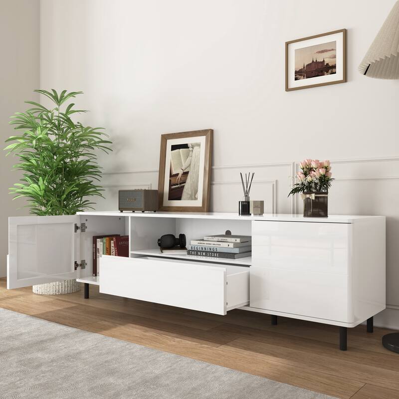 Modern Cream white TV Console with 4 Storage Spaces and 2 Shelf and for Living Room Bedroom and Study