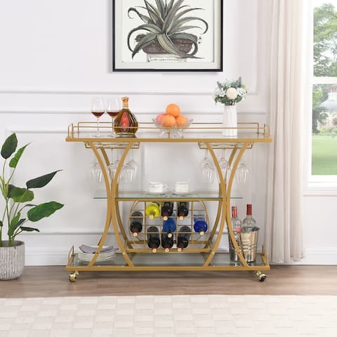 Golden Bar Cart with Wine Rack, Metal Frame Wine Storage