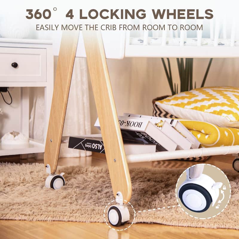 Wooden Bedside Bassinet Sleeper, Safe Stylish Baby Crib Bassinet with Locking Wheels Mosquito Net - White