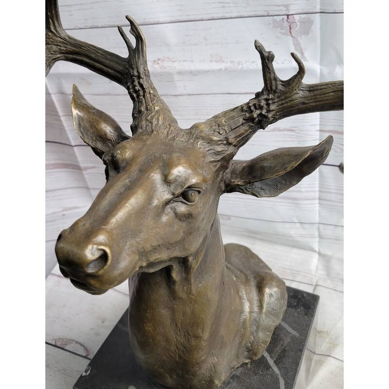 Elk Deer Reindeer Head Bronze Bust Sculpture Statue On Marble Base Lodge Cabin Decor