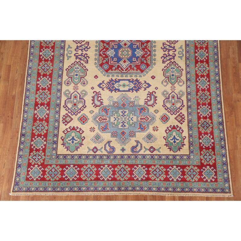 Hand Knotted Oriental 100% Wool Carpet Traditional Geometric Peach Kazak Area Rug - 9' 9'' X 6' 8''