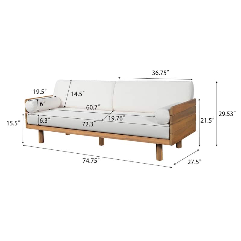 Christopher Knight Home - Mid-Century Acacia Wood Outdoor 3-Seater Patio Sofa with Water-Resistant Cushions and Bolster Pillows