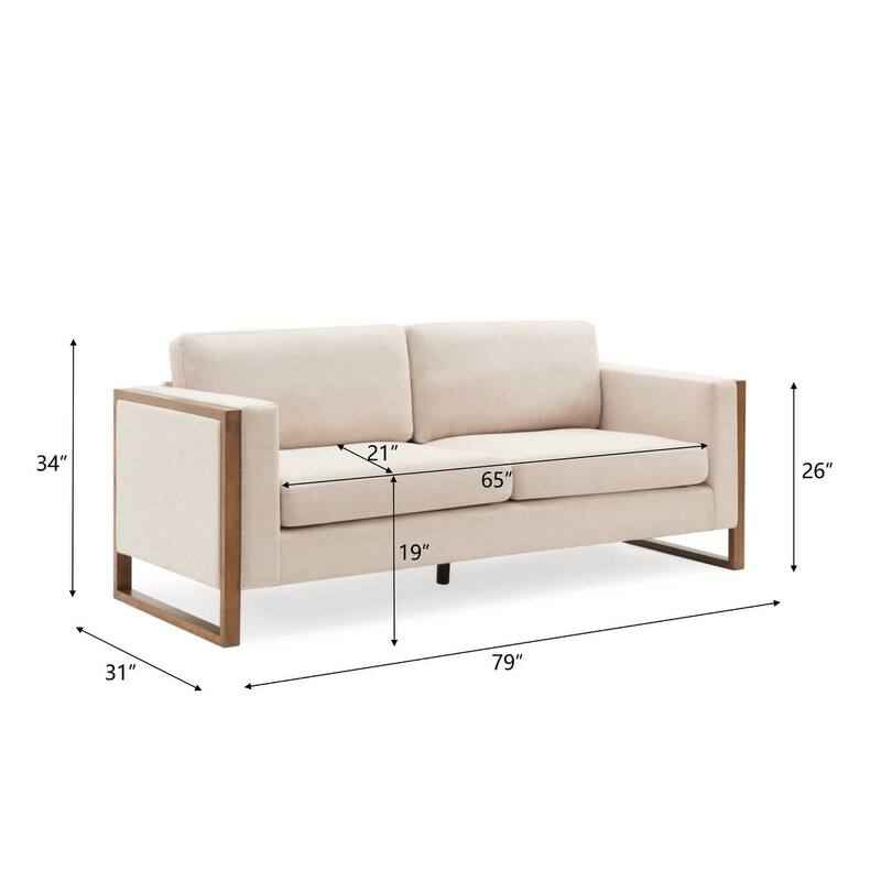 Modern Upholstered 3-Seater Sofa, Straight-Row Sofa with Square Arms, Lounge Sofa with Solid Wood Legs for Living Rooms