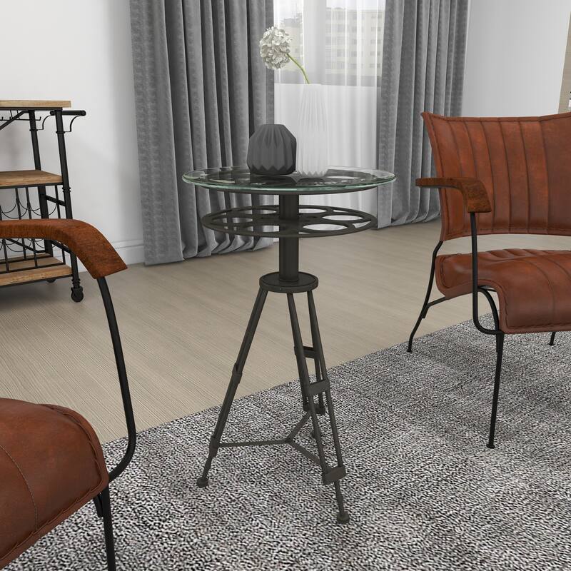 Black Metal Film Reel Accent Table with Tripod Legs and Glass Top