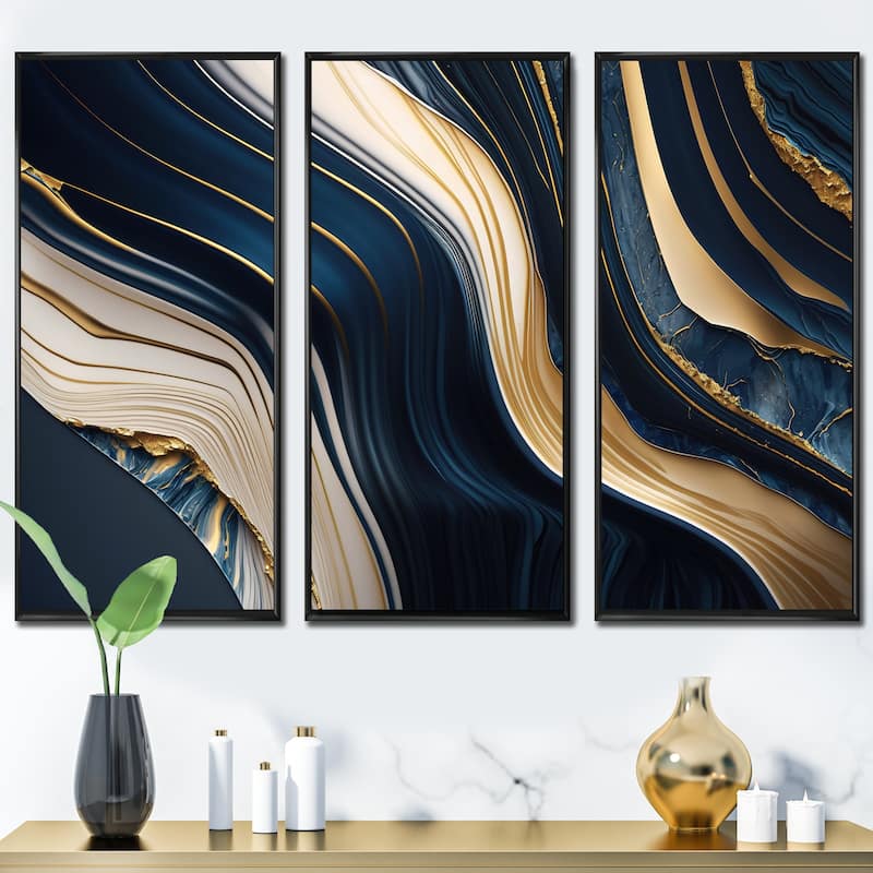 Designart "Abstract Geode Waves Blue And Gold II" Modern Waves Framed Canvas Art Print - 3 Panels - 48 in. wide x 32 in. high - 3 Panels - Black